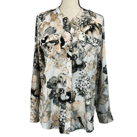 Calvin Klein Medium Top Floral Roll-Tab Sleeves V-Neck Pockets Lightweight Multi - Picture 1 of 12
